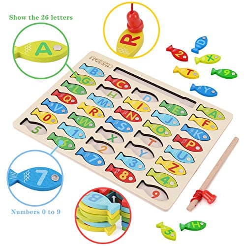 Magnetic Wooden Fishing Game Toy for Preschoolers, Alphabet Fish Catching Counting Games Puzzle with Numbers and Letters, Preschool Learning ABC and Math Educational Toys for 3 4 5 Years Old Kids B08JLSR6RN