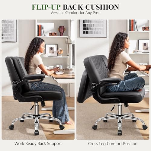 Criss Cross Office Chair with 2-in-1 Flip Backrest – Ergonomic PU Leather Floor Sitting Chair, Adjustable Height, 360° Swivel & Flip-Up Arms, Extra-Wide Seat for Home Office, Vanity, Nail Salon-Black