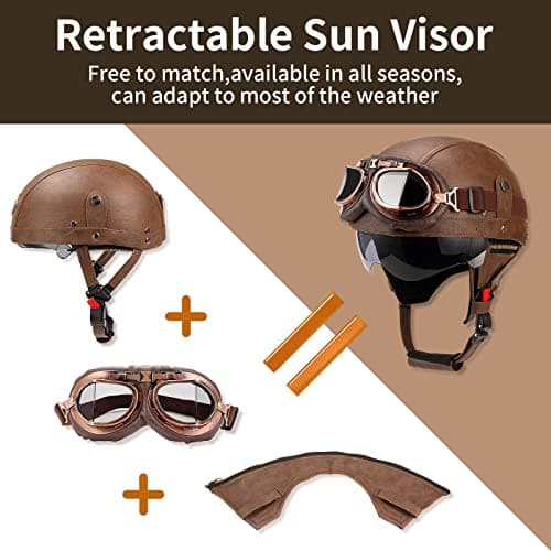 German Style Leather Motorcycle Half Helmet for Adults Men Women, DOT Approved Vintage Cap Half Face Shell Motorcycle Helmets for Cruiser Chopper+Goggles