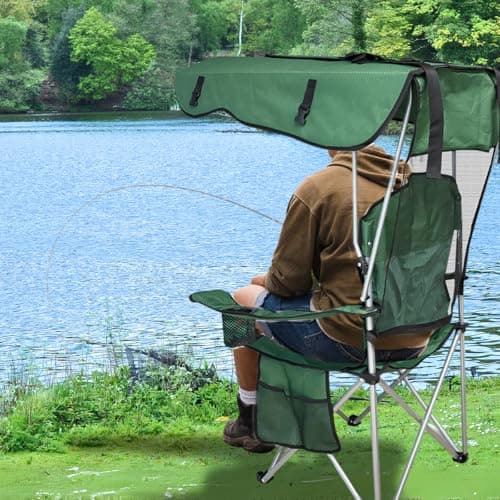 Portable Camping Chair with Canopy Shade - Folding Lounge Chair with Cup Holder & Side Pocket for Outdoor Camping, Fishing, Beach - Support 330 LBS - Green