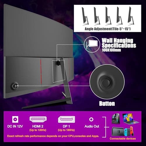Gawfolk 27 inch Curved Gaming Monitor,144Hz/180Hz PC Monitor Full HD 1080P, Frameless 1800R Computer Display with FreeSync & Eye-Care Technology, Wall Mountable, DP, HDMI Port (Black)