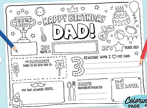 CJ&M Happy Birthday Dad Coloring Page | All About Dad Fill In Template | Father’s Birthday Activity | Dad’s Birthday Card for Kids.Perfect craft gift from kids for Father’s Birthday.