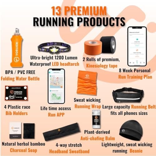 Vorlich® Running Gift Box, 13 Essential Items for Runners, Includes Run App, 8-Week Run Plan, Running Belt, LED Headtorch, Water Bottle & More