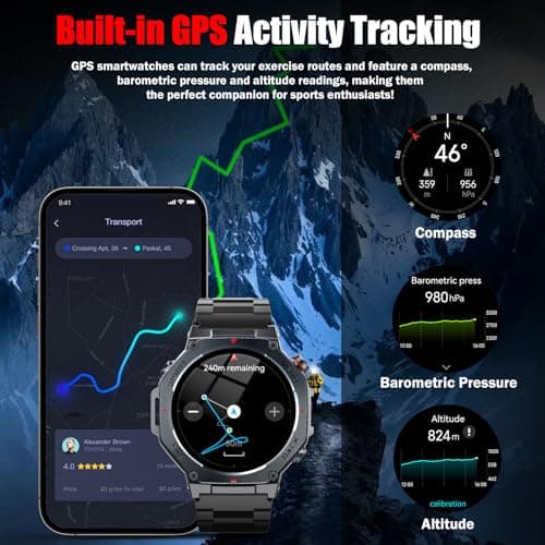 Military Smart Watch for Men Built-in GPS with LED Flashlight Compass, 1.43" AMOLED Display 5ATM Waterproof Fitness Tracker with Heart Rate/Sleep/Blood Pressure, Watches for Android/iPhone, Black
