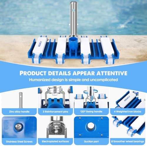 Pool Vacuum Head, Manual Cleaning Vacuum with Wheels 14'' Heavy Duty Handle Pool Vacuum Heads for Inground & Above Pools with Flexible Swivel, Swimming Pool Head for Absorb