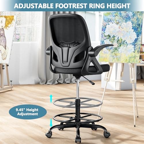 Kensaker Drafting Chair Tall Office Chair, Ergonomic Standing Desk Chair with Adjustable Foot Ring and Flip-up Armrests, Mesh Computer Chair for Art Studio, 300 LBS, Black