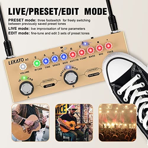 LEKATO Multi Effects Pedal for Acoustic Guitar, with IR Loading 9 AMP Models, Acoustic Multi Effects Processor, Bluetooth 5.0,Recording, Built-in Battery