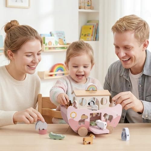 Montessori Educational Toy, Animal Shape Sorter, Christian Toys for Toddler Boy 1-3 Years Old, Christmas Birthday Gift Joyreal Pink Wooden Noah's Ark Toy for 1 Year Old Baby Girl Baptism Gifts B0GCYH2DBZ