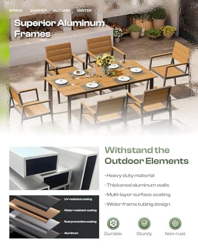 Outdoor Dining Set, Patio Table and Chairs Set with Umbrella Hole, 7 Pieces HDPS + Aluminum Patio Dining Furniture Set for Backyard, Garden (Gray & Teak)