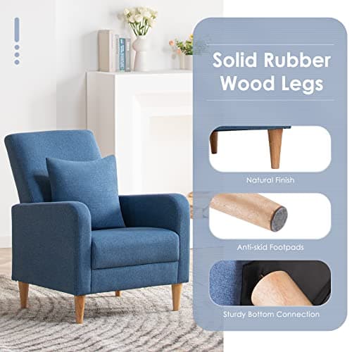 COLAMY Modern Upholstered Accent Chair Armchair with Pillow, Fabric Reading Living Room Side Chair,Single Sofa with Lounge Seat and Wood Legs, Blue