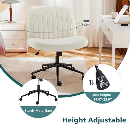 OLIXIS Criss Cross Chair with Wheels Wide Cross Legged Office Desk Vanity Chair Comfy Fabric Armless Adjustable Swivel for Home Computer Task PU Beige