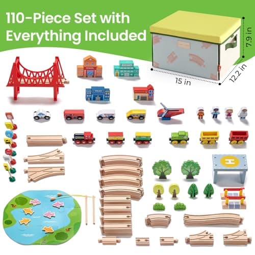 Tiny Land 110pcs Wooden Train Set with Folding Storage Box, Wooden Train Track Toy for Boys & Girls, Age 3-7, Includes Convenient Storage
