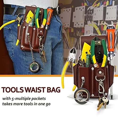 Ap-Leather Pro-5 Electrician Pouch, Leather Tool Pouch, 5 Pocket Pouch with Electrical Tape Holder, Durable Compartments, Tool Pouch with Belt Clip, Dark Brown