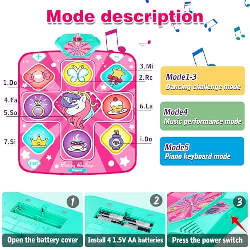Unicorn Dance Mat, Dance Mixer Rhythm Step Play Mat, Pink Dance Pad with LED Lights, Adjustable Volume, Built-in Music, 5 Game Modes, Xmas B-Day Gifts for 3-12 Years Old Girls Toys