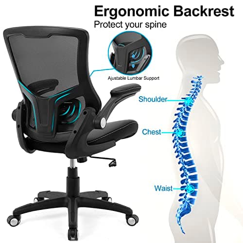 Office Chair Ergonomic Desk Chair, Computer PU Leather Home Office Chair, Swivel Mesh Back Adjustable Lumbar Support Flip-up Arms Executive Task Chair