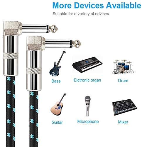 GOGHOST 3-Pack 6 Inch Guitar Patch Cable with 1/4" Right Angle Plugs, Black and Blue Tweed Woven Jacket (Guitar Effect Pedal Board Patch Cables)