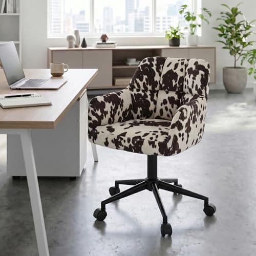 CIMOTA Cow Print Office Chair with Wheels, Height Adjustable Swivel Desk Chair with Arms & Mid Back, Comfy Fabric Vanity Computer Chair for Home Office/Living Room/Bedroom