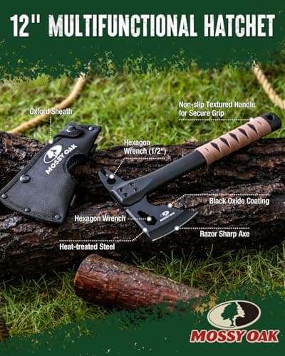 MOSSY OAK 12" Camping Axe and Survival Hatchet with Sheath, Compact Outdoor Multitool Hatchet with Hex Wrench Slots, Non-Slip Dual-Color Handle, Small Camping Gear for Hiking, Chopping, Hunting