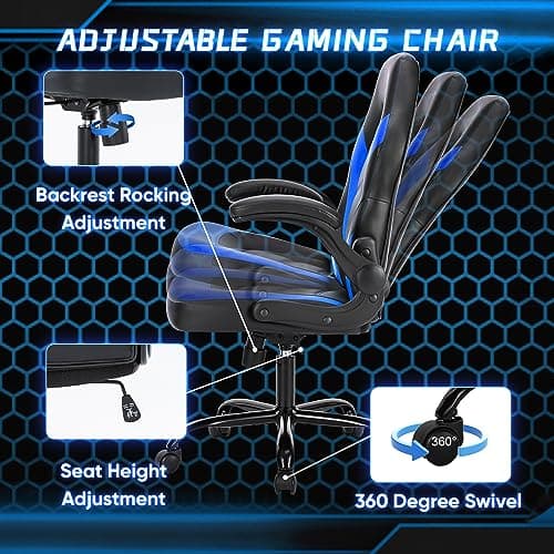 OLIXIS Computer Gaming Chair - PU Leather Ergonomic Lumbar Support with Flip-up Armrest and 360° Swivel Wheels, Height Adjustable Task Home Office Desk Video Racing, Black and Blue