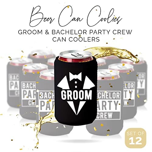 Groom and Bachelor Party Crew Squad Bachelor Party Can Coolers, Set of 12 White and Black Beer Can Coolies, Perfect Bachelor Party Decorations and as Grooms Men Gifts