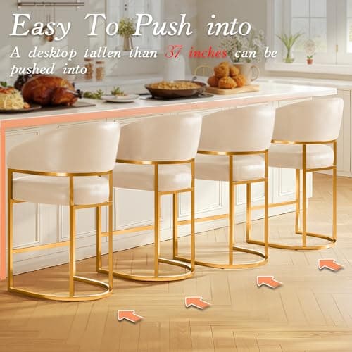 Modern Counter Height Bar Stools,Bar Stools Set of 3,PU Leather Upholstered Barrel Barstools with Backs,26" Kitchen Island Chairs,Metal Gold Frames,Beige White Leather