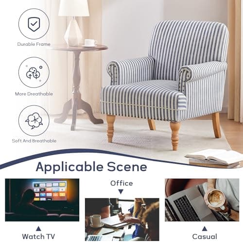 HUIMO Linen Fabric Accent Chair, Mid-Century Modern Armchair with Solid Wood Legs, Single Sofa Chair,Upholstered Reading Club Chair (1, Dark Blue and White Stripe)