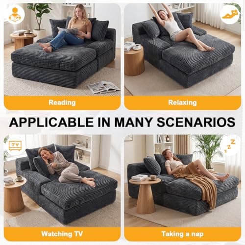 WEUP 69" Indoor Chaise Lounge, Oversized Corduroy Upholstered Armless Sofa Bed, Deep Seat Sleeper Reading Chair, Cloud Sofa for Living Room Bedroom Apartment, No Assembly Required (Gray)
