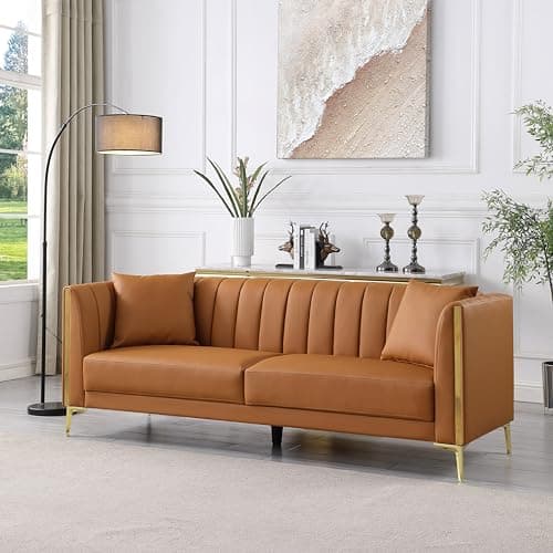 FOTOSOK 78'' Couch Sofa, Modern Leather Couches for Living Room, Comfy, Faux Leather Sofa 3 Seater Sofa with 2 Throw Pillows and Gold Metal Legs, Deep Seat Sofas (Brown)