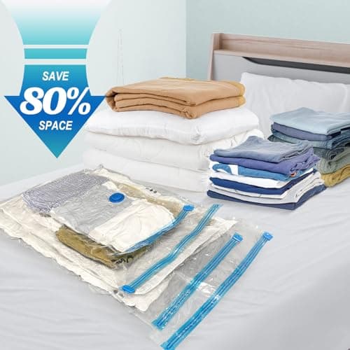 16 Pack Vacuum Storage Bags with Hand Pump, 4 Jumbo + 4 Large + 4 Medium + 4 Small Plastic Packaging Bags, 80% Space Saver Vacuum Seal Bags for Clothing, Travel Lugggage, Blankets, Comforters