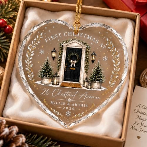 Personalized First Christmas in Our New Home Ornament, Custom Glass Christmas Ornament with Name and Address, New Homeowner Housewarming Gift, Couple Family Keepsake Xmas Tree Decoration/3 B0HK84RH1L