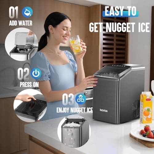 inoviva Nugget Ice Maker Countertop, 40lbs/24H Soft Chewable Pellet Ice Machine with Self-Cleaning, Sonic Ice Maker for Home Kitchen, Office - Black Stainless