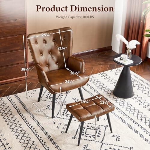 Furniliving PU Leather Accent Chair with Ottoman, Upholstered Reading Chair with High Backrest, Tufted-Button Wingback Armchair for Bedroom, Dressing Room, Home Office, Brown