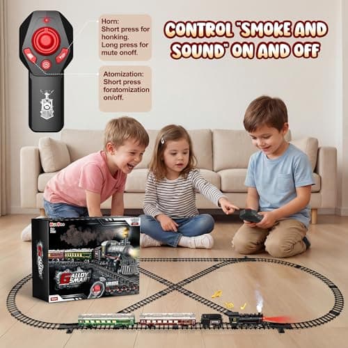 Hot Bee Train Set, Remote Control Train Toys with Luxury Track & Glowing Passenger Carriages, Metal Christmas Tree Train with Smoke, Light and Sound, Toy Train Set for 3 4 5 6 7+ Years Old Boys Gifts