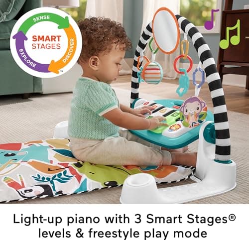 Fisher-Price Baby Playmat Glow and Grow Kick & Play Piano Gym, Blue Musical Learning Toy with Developmental Activities for Newborns 0+ Months
