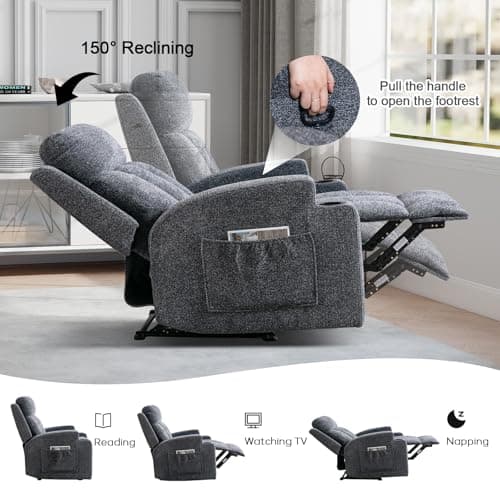 CANMOV Manual Recliner Chair with Massage and Heat, Soft Fabric Recliner Chair with Overstuffed Arm and Back, Manual Reclining Single Sofa with 2 Cup Holders, Side Pocket for Living Room, Dark Grey