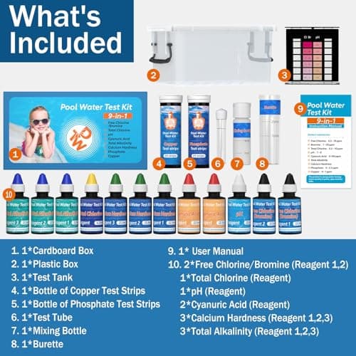 9 Way Pool Test Kit - Hot Tub and Spa Water Chemical Test Kit for pH & Total Chlorine & Free Chlorine & Bromine & Total Alkalinity & Calcium Hardness & Cyanuric Acid & Copper & Phosphate