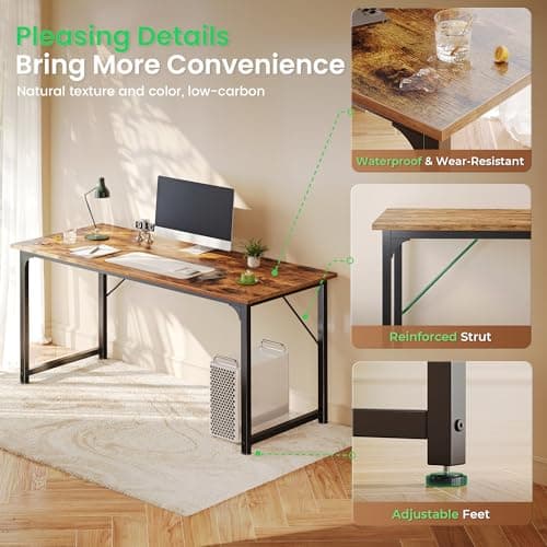 Huuger Computer Desk, 55 Inch Home Office Desk, Gaming Writing Work from Home Study Desk, Large Legroom, Sturdy Metal Frame, Modern Simple, Rustic Brown