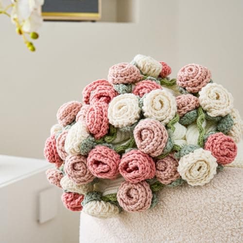 Crochet Flower Bouquet Throw Blanket, Handmade Knitted Blanket with Rose Flowers, Cute Romantic Gift for Her Girlfriend Mom Mother’s Day Valentine Wedding Anniversary Birthday, Pink and White B0FDK649NZ