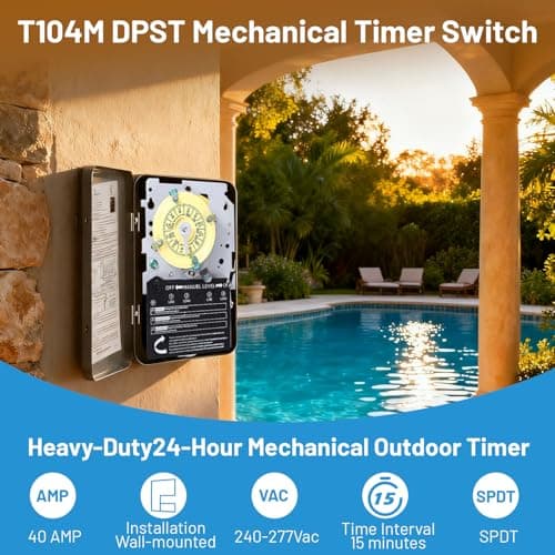 T104M Mechanical Time Switch (Mechanism Only), 208-277V AC 40A DPST, 24-Hour Dial with 12 ON/Off Trips, Heavy-Duty Timer Switch for Pool Pumps Water Heater Lighting and HVAC, with 4 Timer Trippers