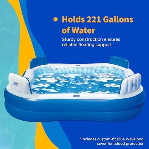 Blue Wave Premier Family Inflatable Pool with Seats – 88-in x 88-in x 26-in Four-Seater Pool for Backyard Fun – Durable 4-Person Inflatable Pool with Cover, Drain Plug & Repair Patch