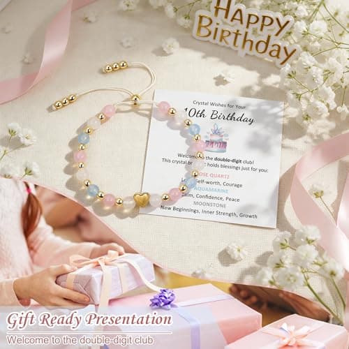 Natural Healing Crystal Bracelets, Aquamarine Moonstone Rose/Clear Quartz Adjustable Beaded Bracelet, Gifts For Teen Girls Sereney Birthday Gifts for Girls, 9-18 Year Old Birthday Crystal Bracelets B0GS1K1FNR
