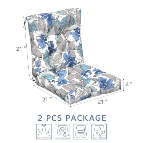 LVTXIII Outdoor Low Back Chair Cushions, Seasonal Replacement Adirondack Chair Cushion with Ties, Patio Waterproof Seat Cushions for Home Garden Use, 21 W x 21 D, Set of 2, Clemens Noir Blue