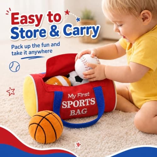 KMUYSL Baby Toys 0-12 Months, My First Sports Bag Plush Toy - 4 Sensory Balls Soft Toys with Crinkle, Rattles for 0-3-6-9-12 Month Newborn Infant, 1st Birthday for Babies Boys Girls Age 1