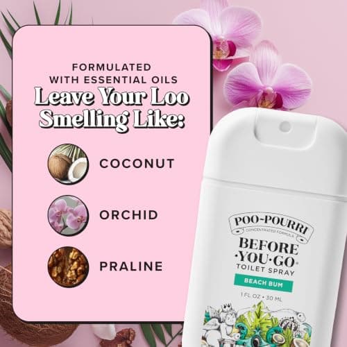 Travel Essentials On-The-Go Bathroom Odor Deodorizer with Essential Oils, Up to 50 Uses, TSA Approved, Coconut Orchid Scent Poo-Pourri Before-You-Go Pocket Toilet Spray, Beach Bum, 1 Fl Oz B0CRQQ8TYB