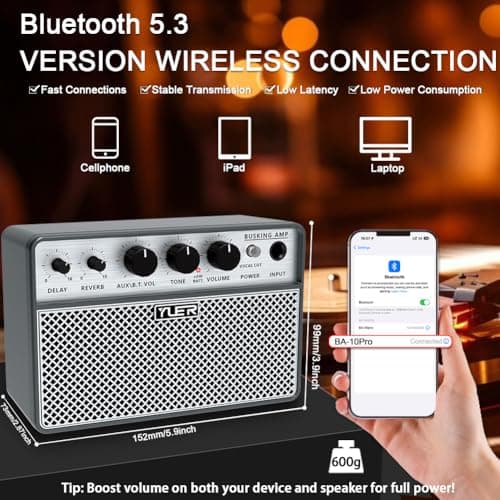 Yuer BA-10Pro 10W Acoustic Guitar Amp, Portable Vocal & Guitar Amplifier with Digital Delay/Reverb Effect Headphone Jack/OTG Wireless Small Guitars Amp for Recording, Practice, Travel with Carry Bag