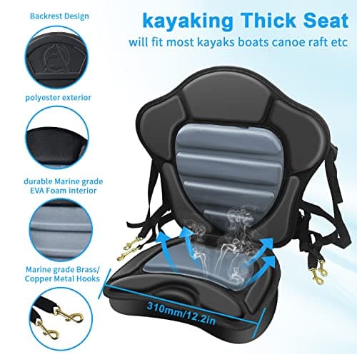 Kayak Seat Deluxe Padded Fishing Boat Seat Deluxe Sit-On-Top Canoe Seat Cushioned - Comfortable Backrest Support Universal Sit with Adjustable Back Strap Detachable Storage Bag