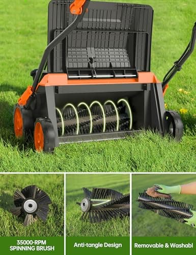 16” Artificial Turf Vacuum,1800w Grass Sweeper 15 Amp Lawn Sweeper Yard Power Brush with 45L Removable Leaf Collection Bag, Quick-Fold, Keeps Clear Sweepy Box, Orange
