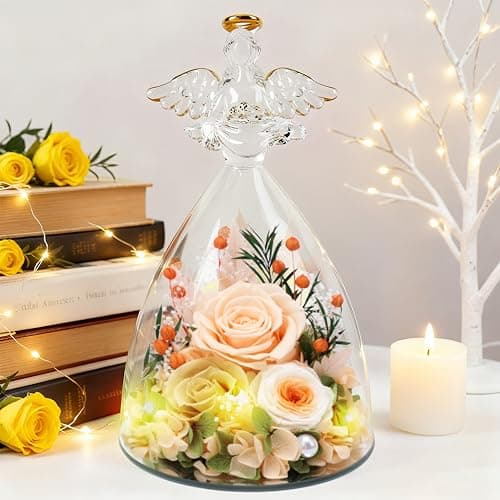 Casaido Mothers Day Rose Gifts for Women, 7" Champagne Preserved Roses Flowers in Glass Angel Figurine, Birthday Gift for Mom Wife Grandma, Eternal Rose for Valentines Christmas Anniversary B0FQJ5NLH8