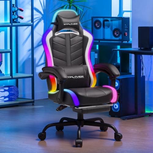 GTPLAYER Gaming Chair, Computer Chair with RGB LED Lights, High Back Ergonomic Chair for Adults with Footrest and Linkage Armrests& Headrest Lumbar Support (Without Bluetooth Speakers)