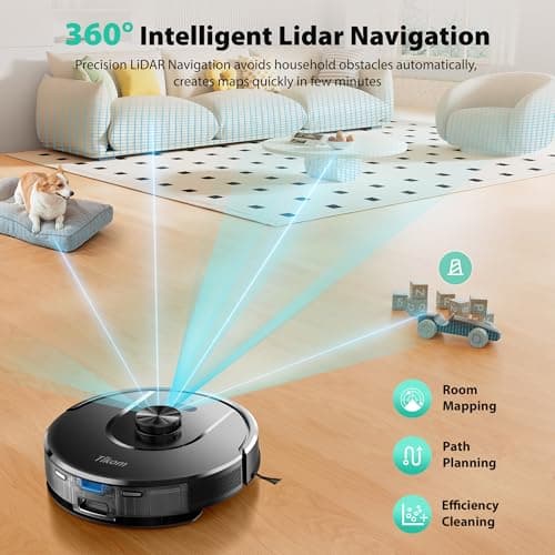 Tikom Robot Vacuum and Mop, 6000Pa Robotic Vacuum Cleaner with Self-Emptying Base, 90 Days Capacity, LiDAR Navigation, Home Mapping, Ideal for Pet Hair, Hard Floors, Carpet (L8000 Plus)